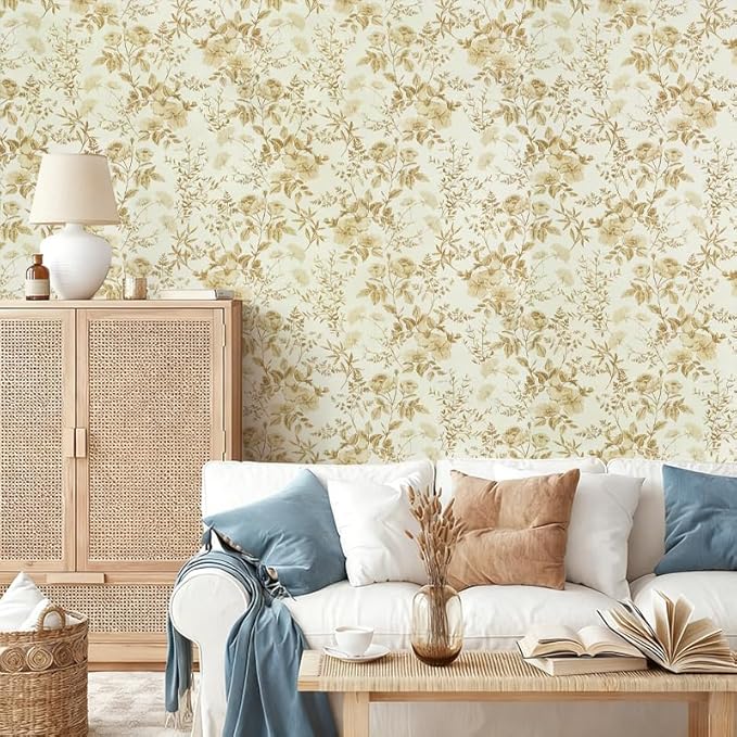 Erfoni 16.9" x394" Yellow Brown Floral Peel and Stick Wallpaper Boho Floral - Image 3