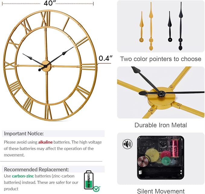 40 Inch Large Wall Clock for Living Room Decor – Easy-Assembly Silent - Image 2