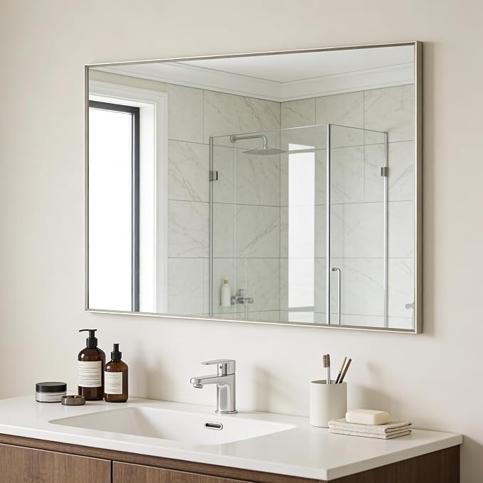 Bathroom Mirror for Wall, 30x40 Inch Metal Framed Mirror, Brushed Nickel - Image 3