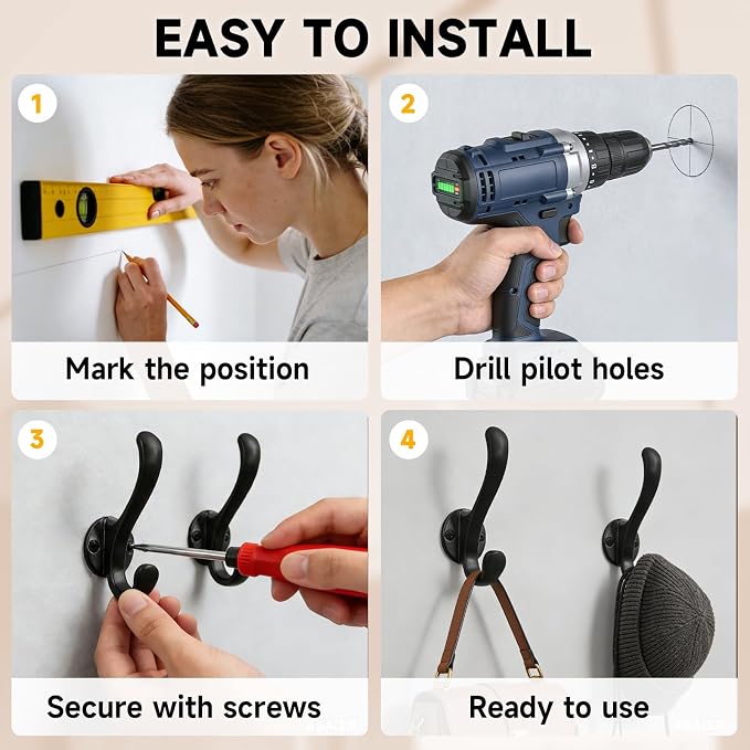 6 Pack Coat Hooks Wall Mount, Heavy Duty Wall Hooks - Image 4