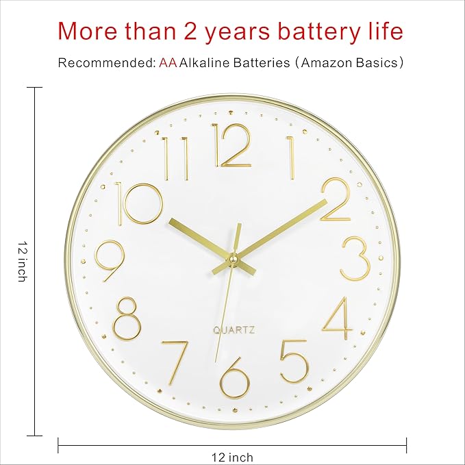 Foxtop Gold Wall Clock 12 Inch Silent Non-Ticking Battery Operated Round Modern - Image 2