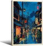 Japanese Tokyo Tea House Framed Canvas Wall Art Japanese City Street Cafe Scene by Unknown