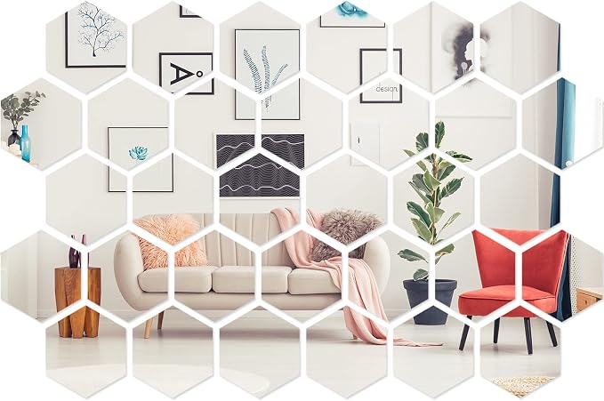 Shappy 32 Pcs Hexagon Mirror Wall Stickers Removable Silver Acrylic Mirror by Shappy