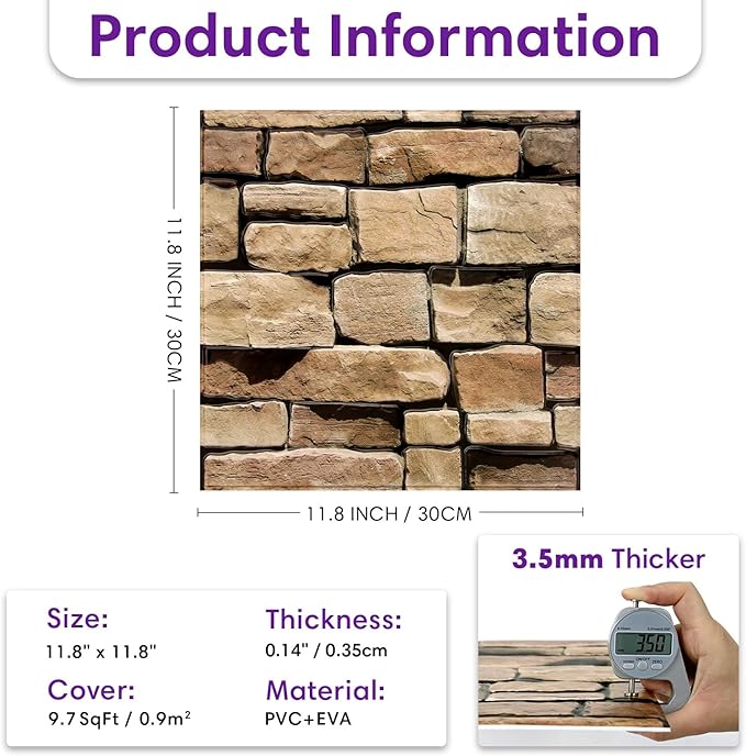 3D Peel and Stick Faux Stone Wall Panels 11.8" x 11.8" 10-Pack, Stone-Look Wall - Image 3