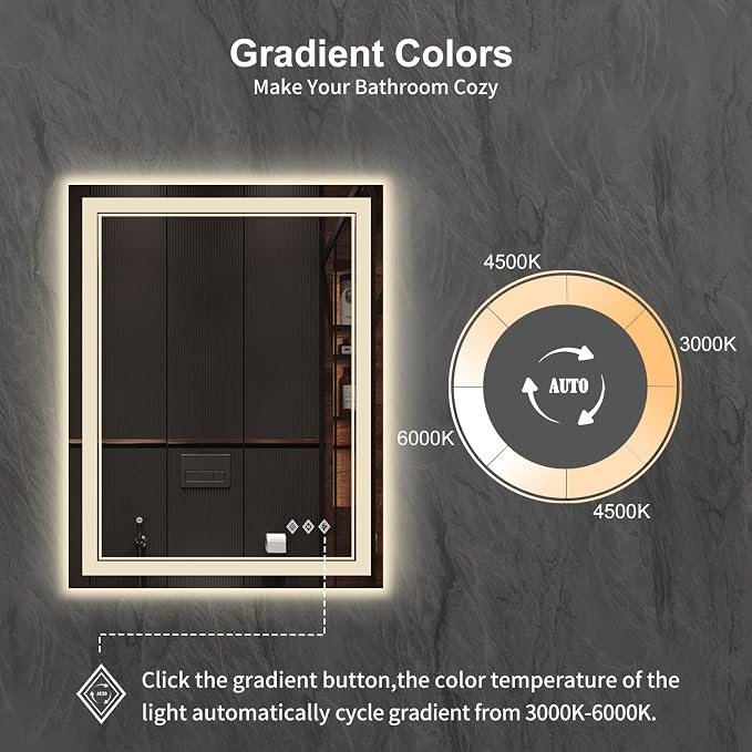 LED Mirror, 28x36 Inch Gradient Front and Backlight Lighted Mirror, 3 Colors - Image 3