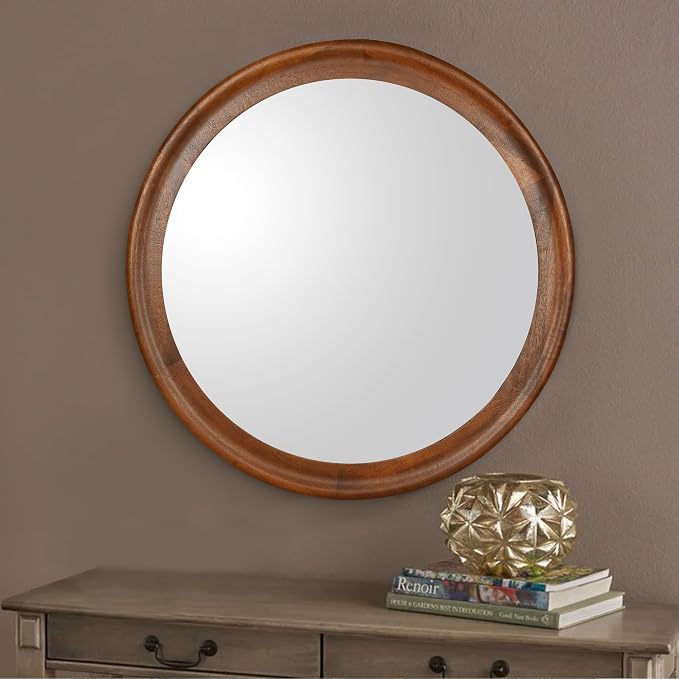 CULER Round Wall Mirrors 24 Inch, Wood Rustic Decorative Transitional Mirror - Image 3