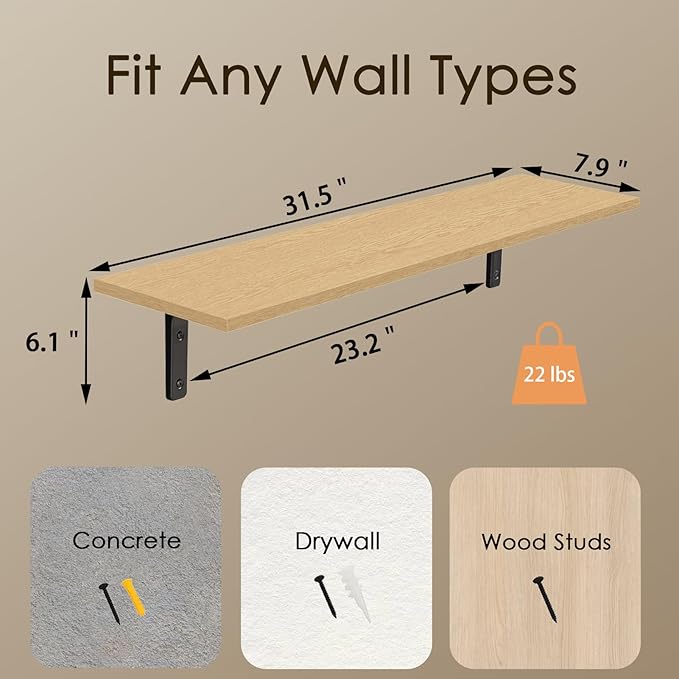 DINZI LVJ Long Wall Shelves, 31.5 Inch Wall Mounted Shelves Set of 2, - Image 3