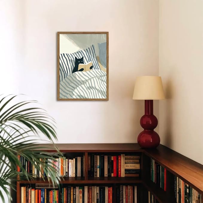 Funny Black Cat Wall Art Painting, Whimsical Cat in Stripe Bed Reading Wall - Image 5