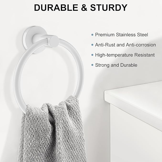 SetSail Towel Holder for Bathroom Wall Screw-in White Towel Ring Stainless - Image 2