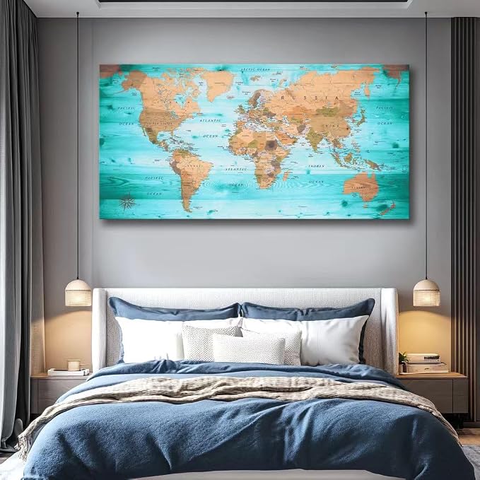 Large Wall Art Blue map of The World Painting Ready to Hang 20"x40"Large Framed - Image 5