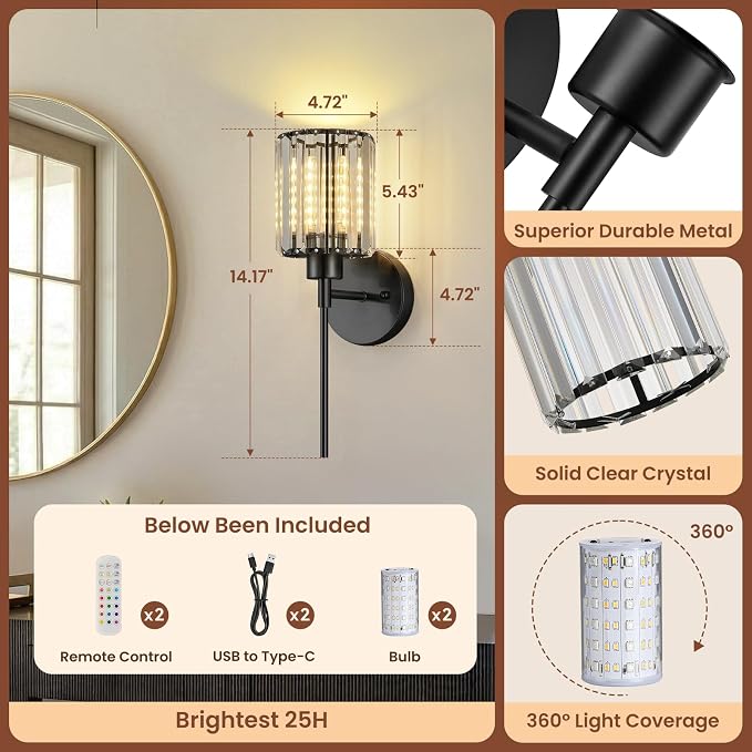Crystal Battery Operated Wall Sconces, 12 Colors and 3CCT Dimmable Crystal Wall - Image 7