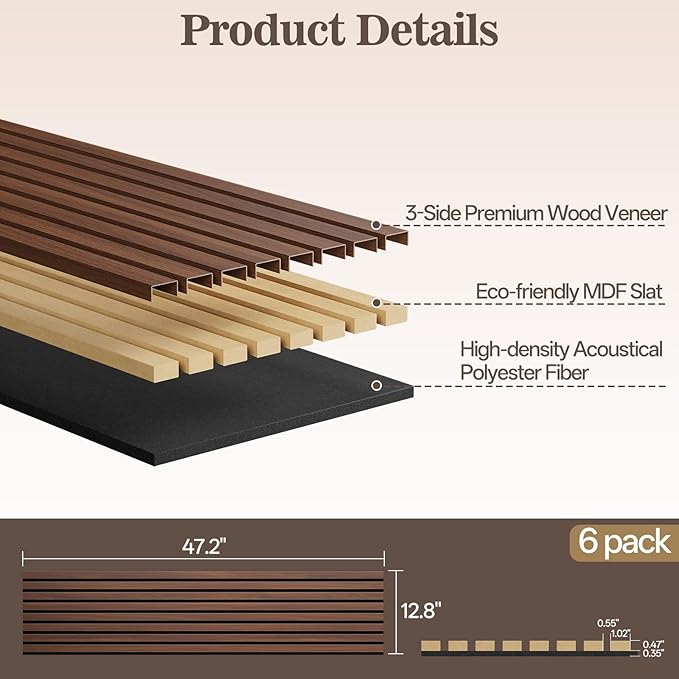 6 Pack Wood Panels for Wall, 47.24" x 12.79" Acoustic Wood Slat Wall Panel for - Image 2