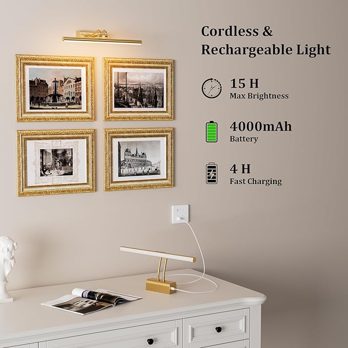 Battery Operated Picture Light for Wall, 4000mAh Cordless Wall Lamp for - Image 2