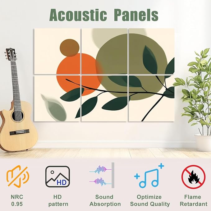 6 Pack Art Acoustic Panels Sound Absorbing Boho Botanical Leaf Orange Green - Image 3