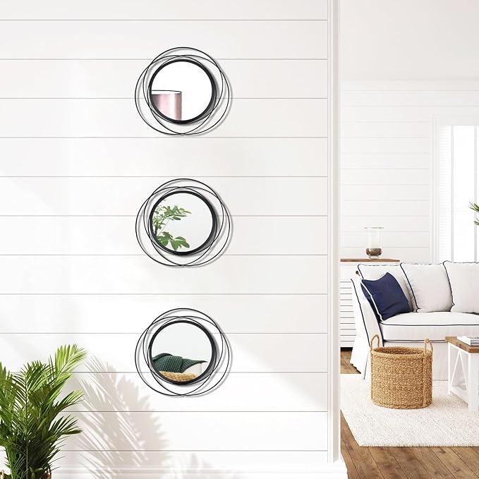 3 Set 9.5 Inch Black Circle Mirrors Wall Decor Iron Frame Wire Mirror Metal - Image 4