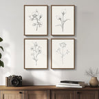 Vintage Floral Wall Art with Walnut Framed, 4 Piece Farmhouse Black and White by Cuspin