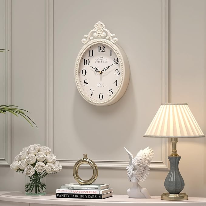 Abdurey Small French Retro Decorative Wall Clock, Ivory White Vintage Oval Style - Image 4