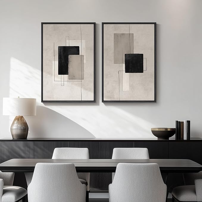 Framed Neutral Abstract Wall Art Set of 2, Minimalist Block Lines Pictures - Image 4