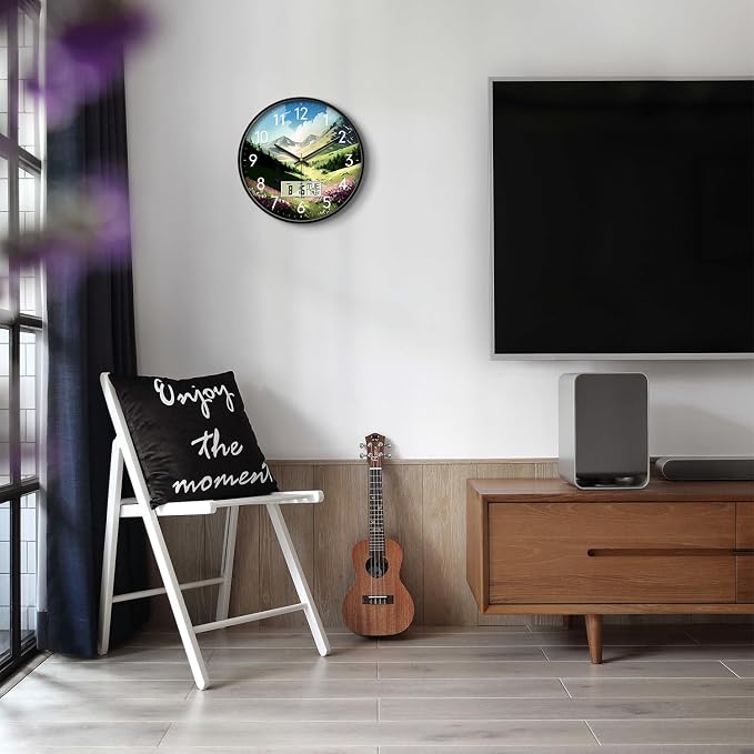 12'' Silent Non-Ticking Rustic Mountain Wildflowers Wall Clock, Battery - Image 5