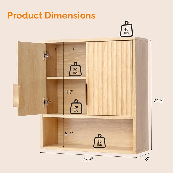 VINGLI Fluted Modern Medicine Cabinet, Bathroom Wall Cabinet Over Toilet Storage - Image 2