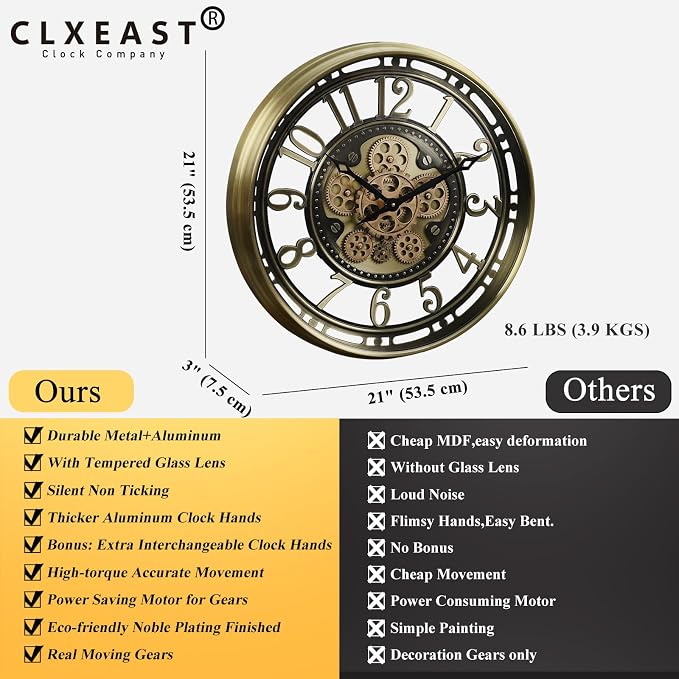 CLXEAST 21 Inch Industrial Moving Gears Wall Clock, Modern Farmhouse Arabic - Image 3