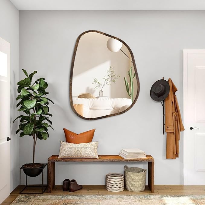 Asymmetrical Accent Mirror for Wall Irregular Oval Wood Frame Modern Unique - Image 5