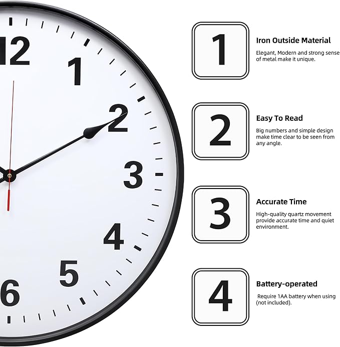 LEIKE Metal Large Wall Clock 24IN Black, Retro Silent Quartz Battery Operated - Image 2