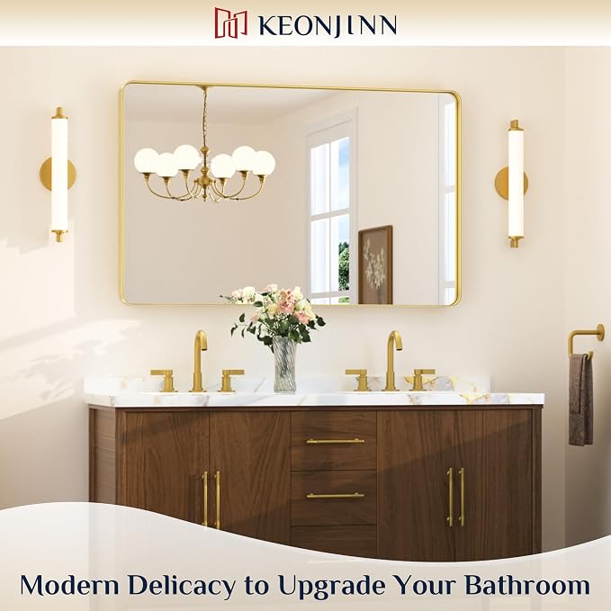 Keonjinn Brushed Gold Bathroom Mirror 48 x 30 Inch Large Rounded Rectangle - Image 2