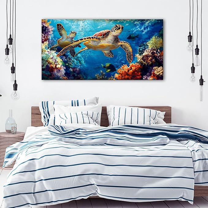 Sea Turtle Wall Art for Living Room Ocean Bathroom Decor Colorful Fish Coral - Image 3