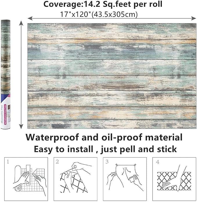 Arthome 17''x120'' Blue Rustic Wood Paper Self-Adhesive Removable Peel and - Image 7