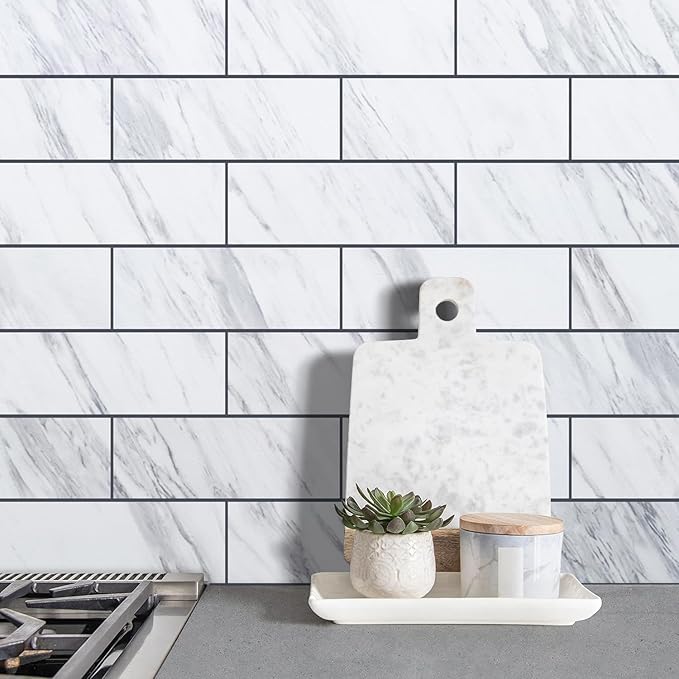AULIGET 6" x 12" White Marble Peel and Stick Backsplash Wall Tiles, PVC Faux - Image 4