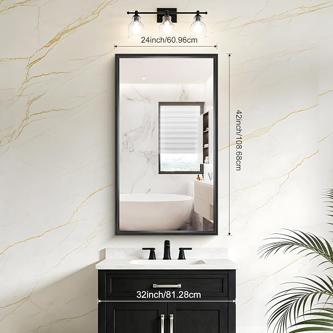 Black Framed Mirror 24"x42", Brushed Black Bathroom Mirrors - Image 6