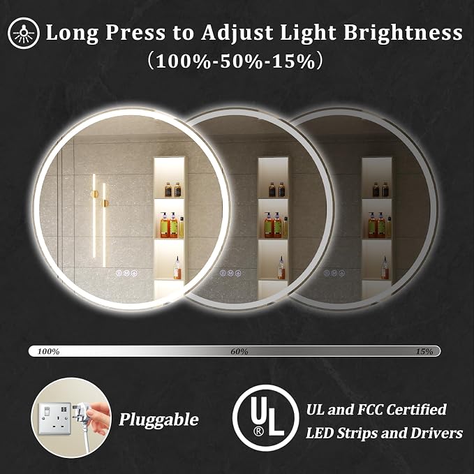 BEAUTYPEAK 24x24 LED Round Bathroom Mirror - Image 4