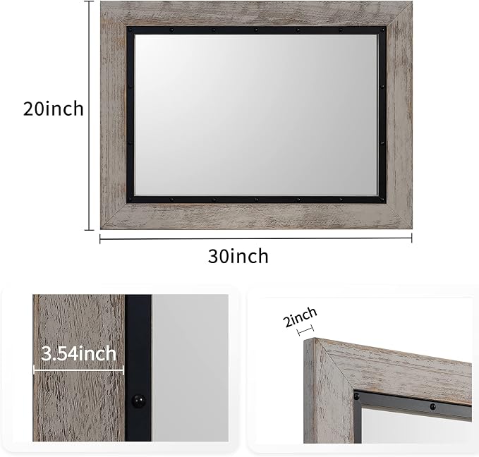 YOSHOOT Rustic Wooden Framed Wall Mirror, Natural Wood and Iron Bathroom Vanity - Image 6