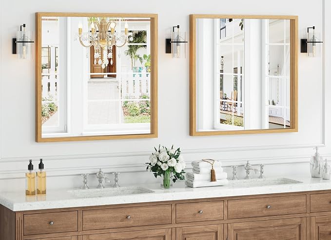 Syndra Square Natural Wood Frame Bathroom Mirror, Waterproof Slim Deep Frame - Image 2