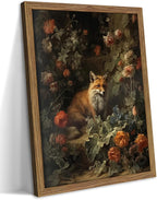 Framed Dark Academia Fox Canvas Wall Art, Sitting Fox Surrounded by Flowers by MUWAKWallArt