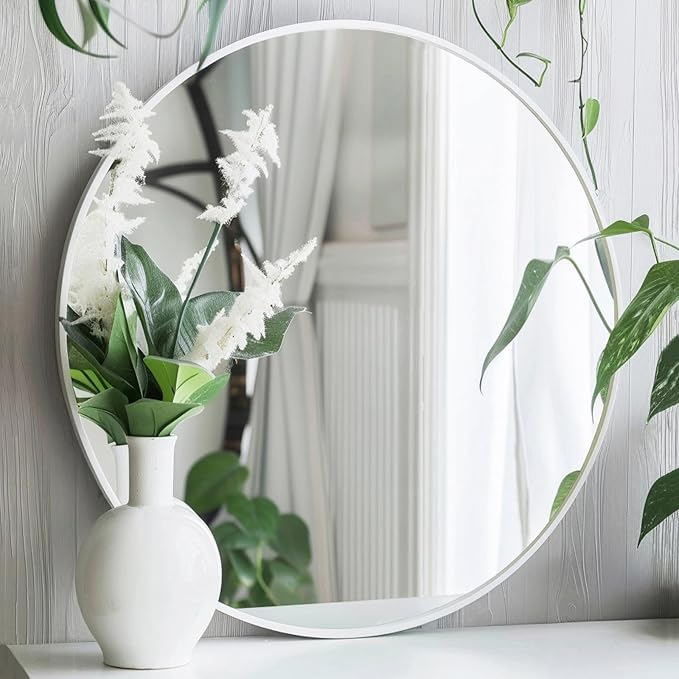 Sunniry White Round Mirror, Matte Metal Frame Round Mirrors, Circle Mirrors by Sunniry