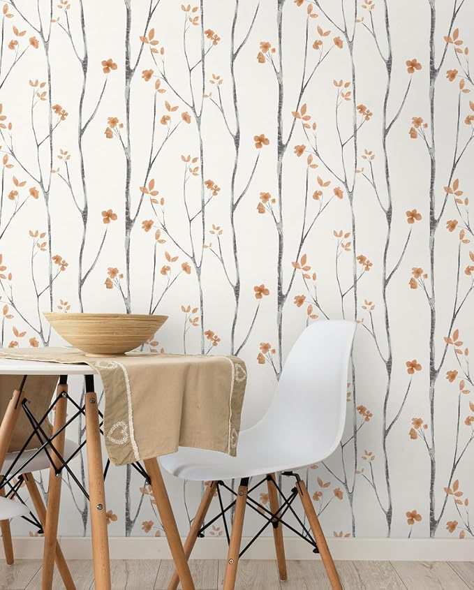 Timeet Peel and Stick Wallpaper White and Orange Floral Wallpaper Boho Leaf - Image 6