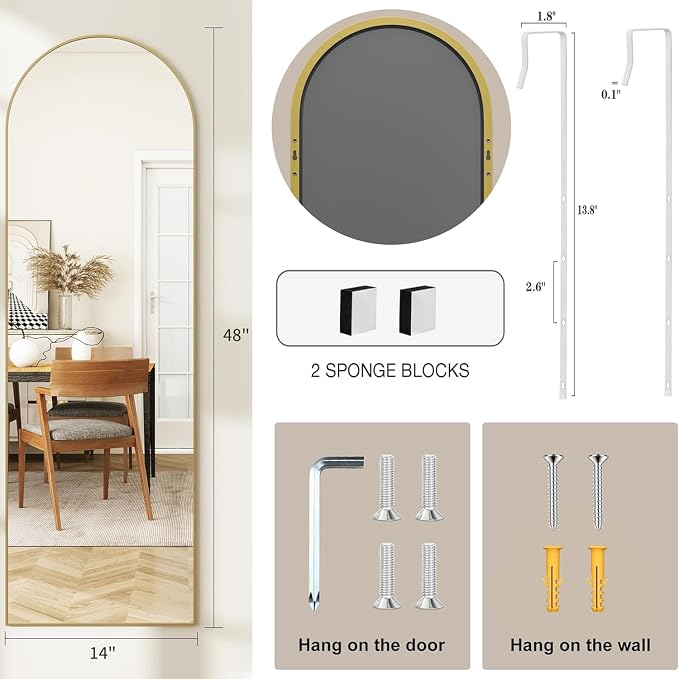 Arched Full Length Door Mirror 14x48, Metal Frame - Image 6