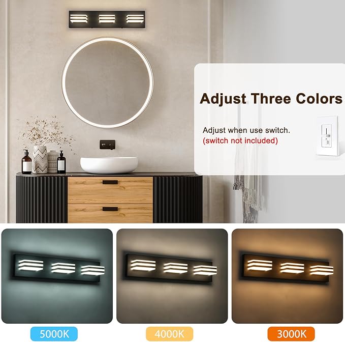 Black Vanity Lights for Bathroom Light Fixtures Adjust 3 Colors Modern Bath - Image 6