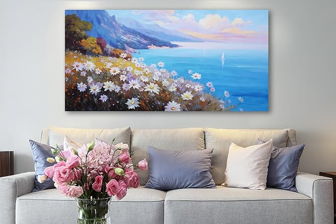 Anolyfi Coastal Landscape Wall Art Nature Flower Mountain Canvas Painting Blue - Image 3