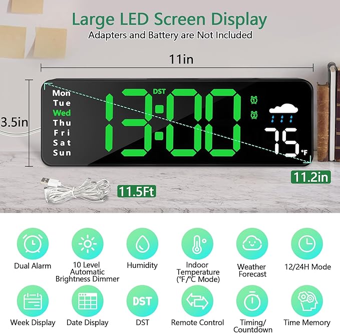 Digital Wall Clock with Remote Control, Large Display Plug in LED Digital Alarm - Image 2