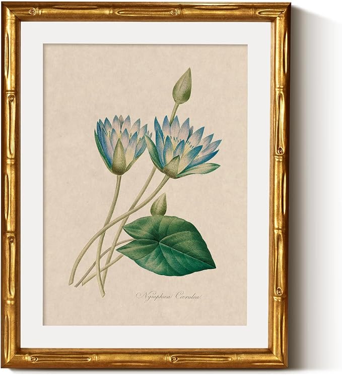 InSimSea Gold Bamboo Framed Canvas Wall Art, Retro Blue Lotus Botanical Prints by InSimSeaArt