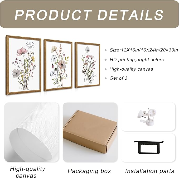 WRFON Framed Botanical Canvas Wall Art Set of 3, Watercolor Floral Prints - Image 6