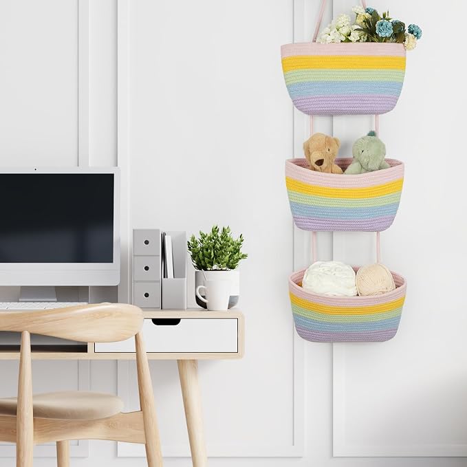 TeoKJ Over the Door Hanging Basket, 3-Tier Woven Cotton Wall-Mounted Storage - Image 7