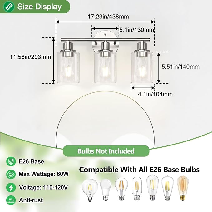 Zarbitta 3-Light Bathroom Light Fixtures, Brushed Nickel Vanity Light, - Image 7