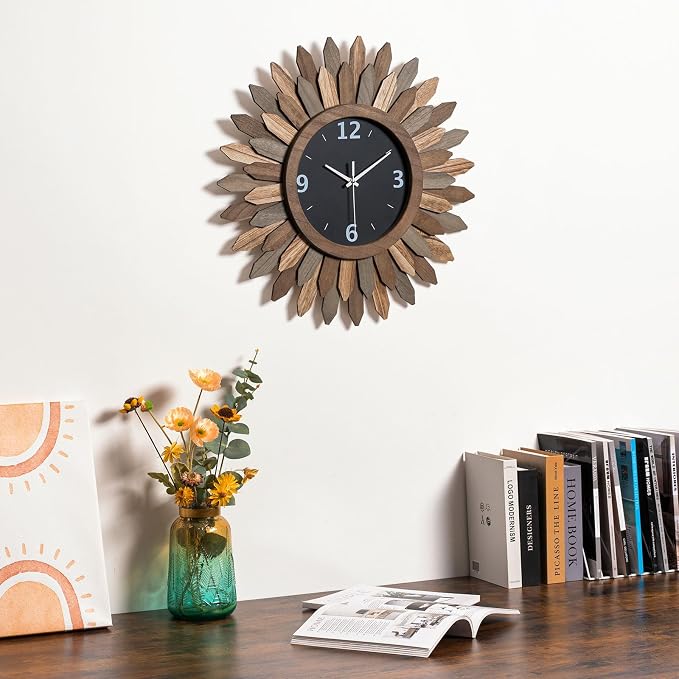 Honiway Large Wall Clock Battery Operated 21 in Rustic Wood Boho Sunburst - Image 7