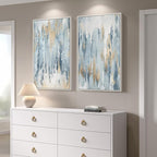 Large White Framed Blue and Gold Abstract Canvas Wall Art - Image 2