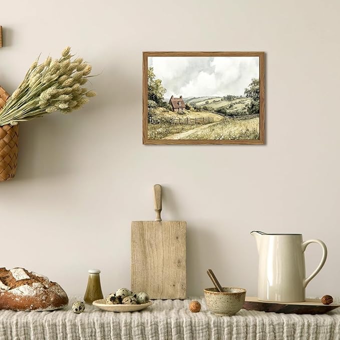 Framed Vintage Canvas Wall Art, Cottage Landscape Wall Decor Paintings - Image 2
