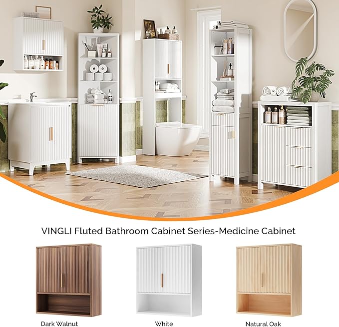 VINGLI White Bathroom Wall Cabinet, Modern Fluted Medicine Cabinet - Image 5